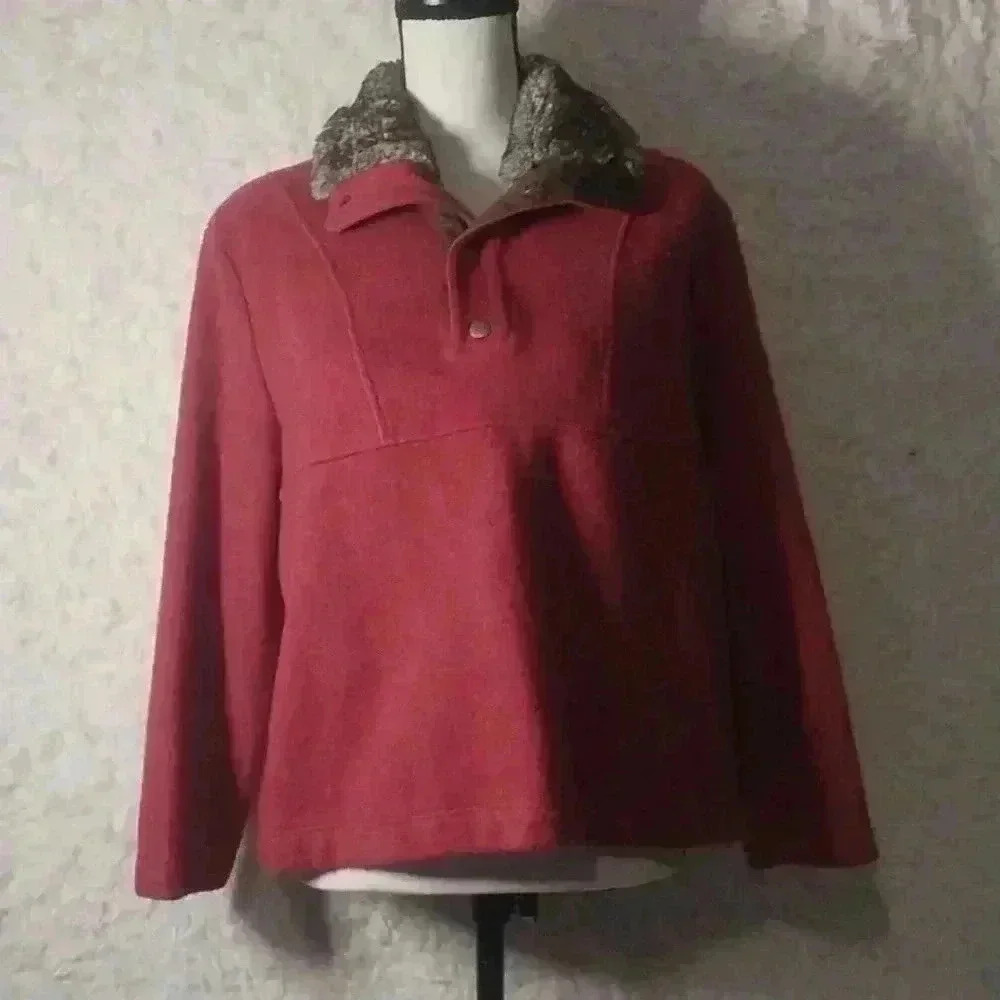 {Orvis} Red Button Snap Fleece Faux Fur Collar Size XL